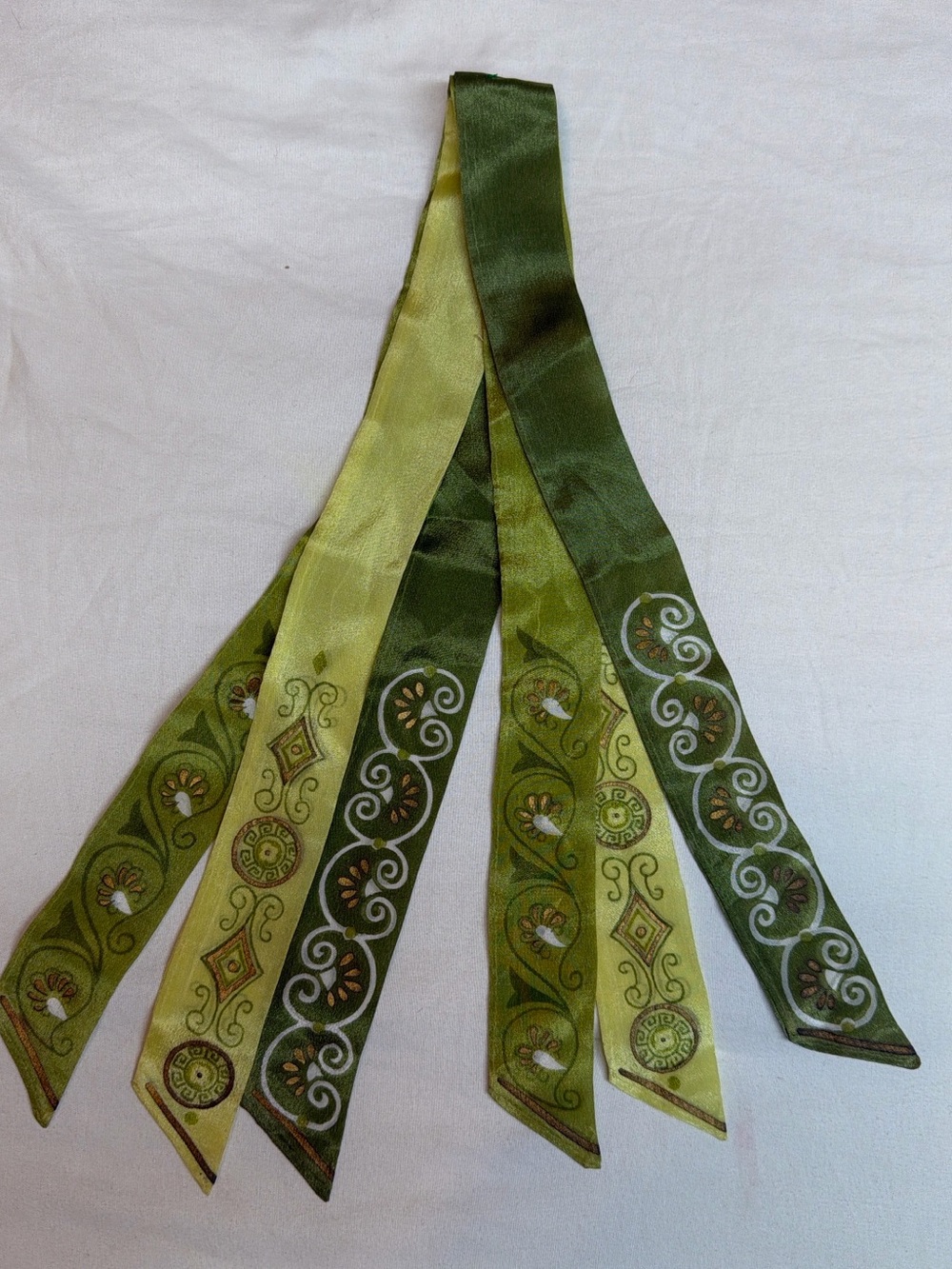 Olive Green Printed Satin Scarf Ribbon for Hair or Neck